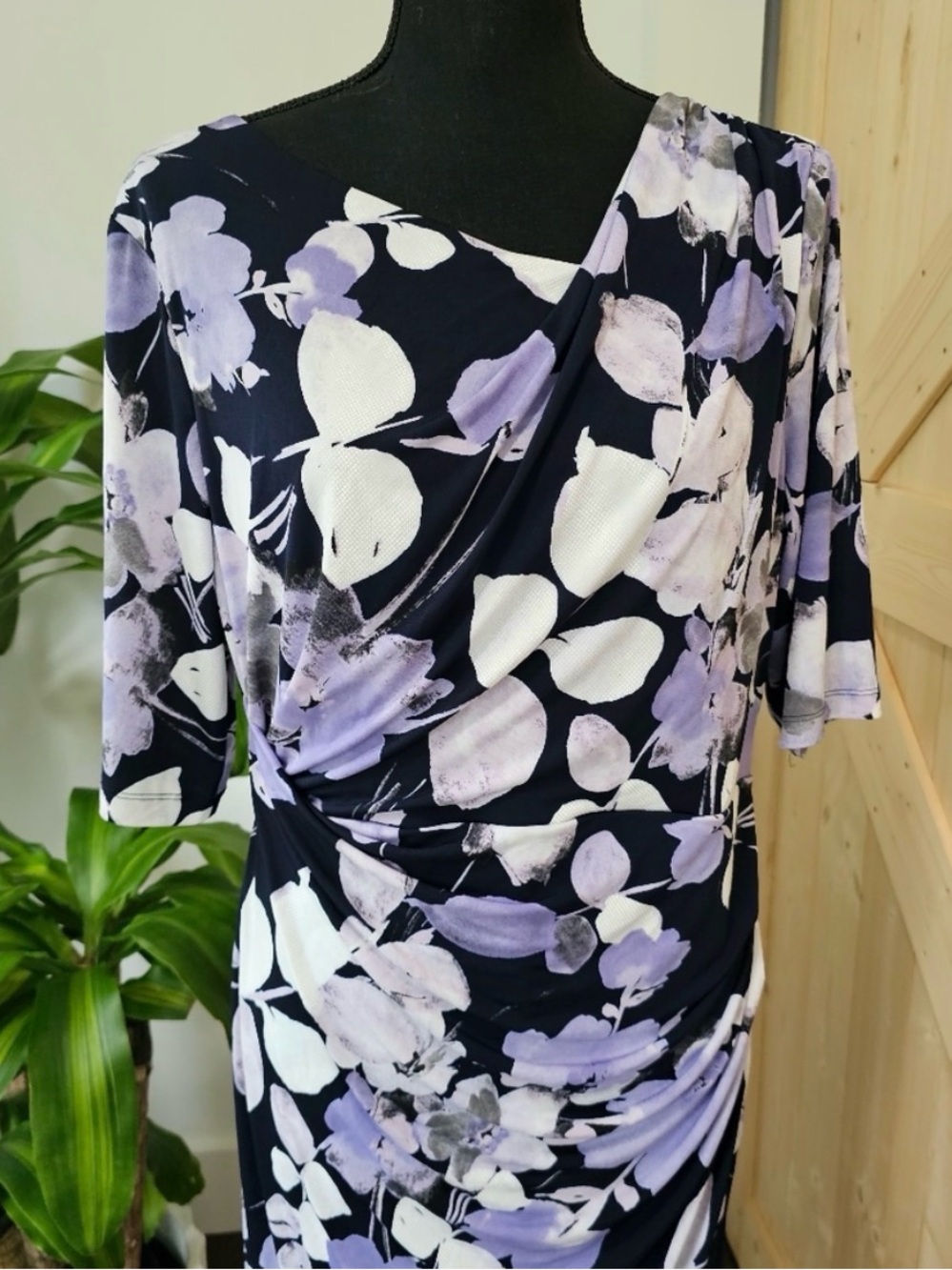 CONNECTED APPAREL Navy with Lavender Abstract Floral Design with Side Gather - Picture 5 of 8